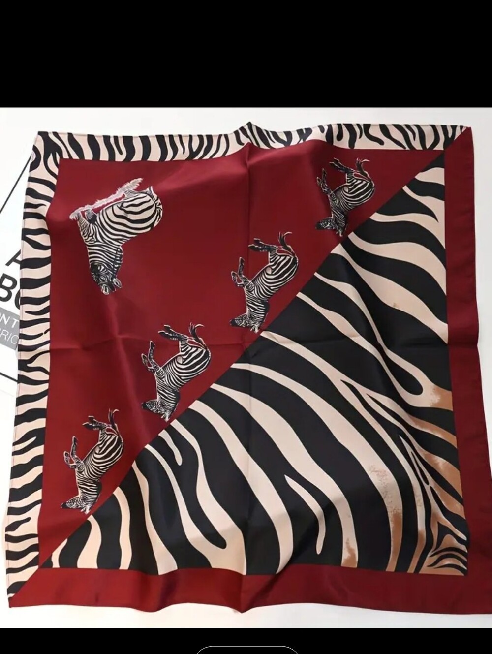 Luxury Zebra Jungle Print Silk-Feel Scarf in Burgundy Blackband White New